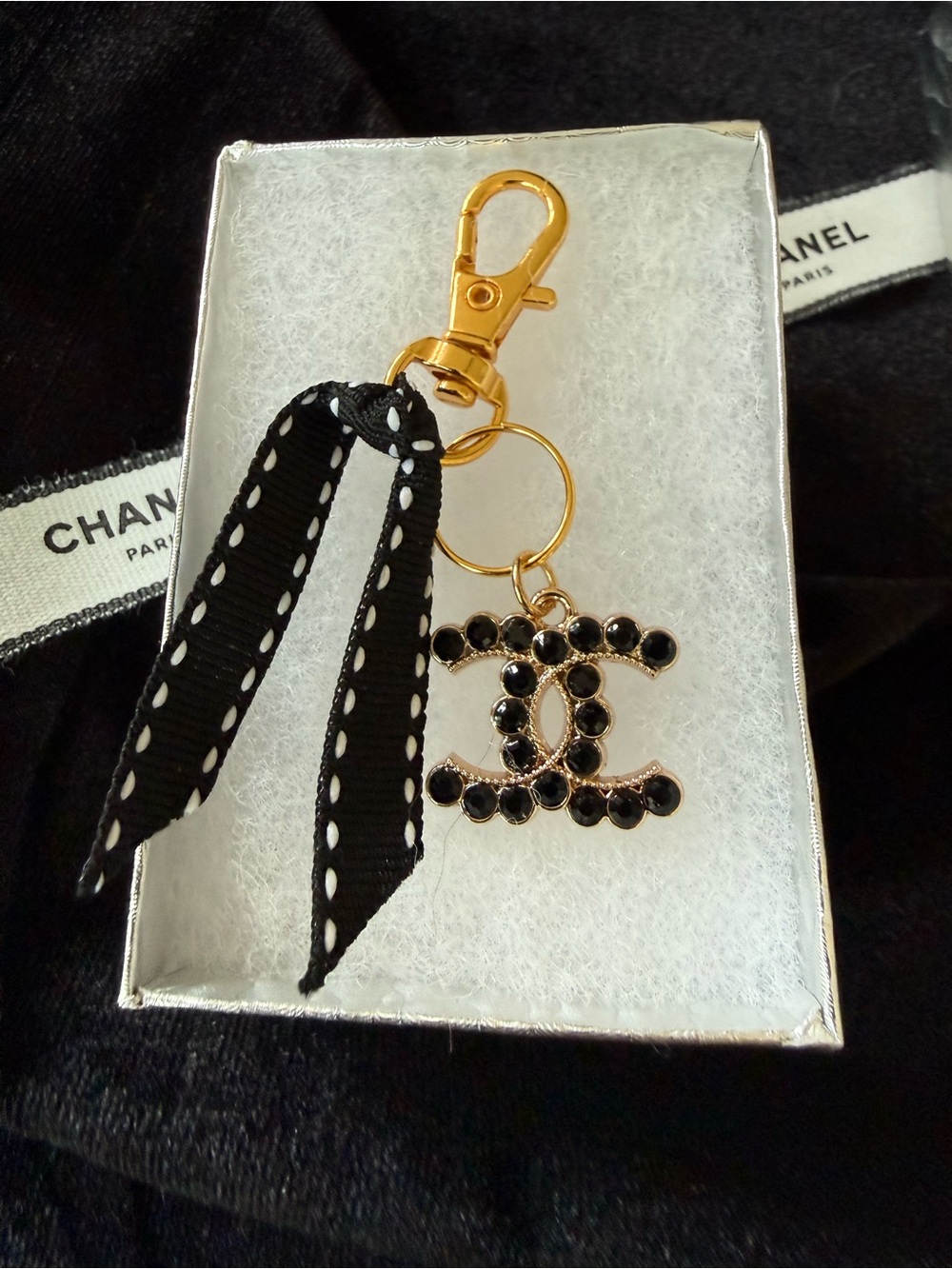 Black Crystal CC Charm Keychain with Ribbon
